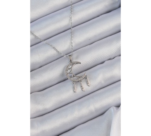 316L Çelik Zincir Gümüş Renk İşlemeli Zirkon Taşlı Ay Kolye