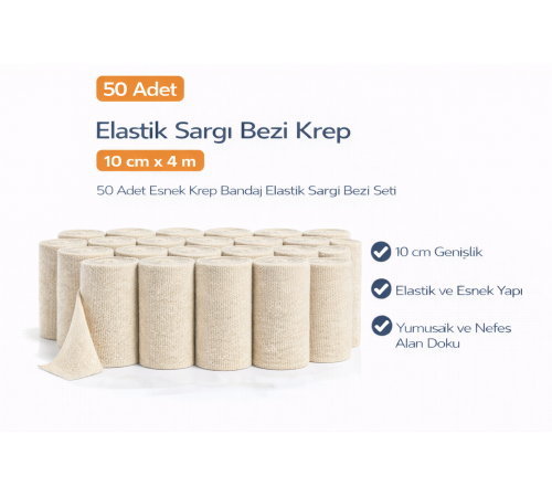 Elastik Sargı Bezi Krep 10 cm x 4 m 50 Adet Esnek Krep Bandaj Elastik Sargı Bezi Seti