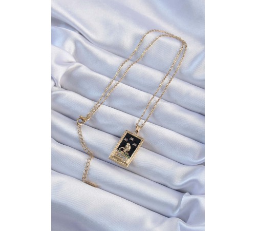 316L Çelik Zincir Altın Renk Zirkon Taşlı Siyah Mineli Kız Figürlü Tarot Kolye