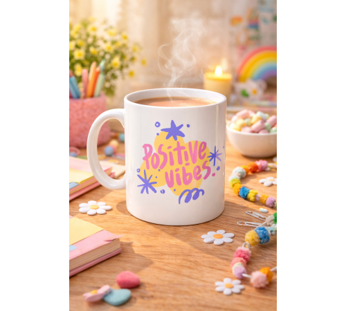 Positive Vibes Porselen Kupa MODEL 138 – Renkli Tasarım Motivasyon Kupası – Pozitif Enerji Veren Kahve & Çay Kupası
