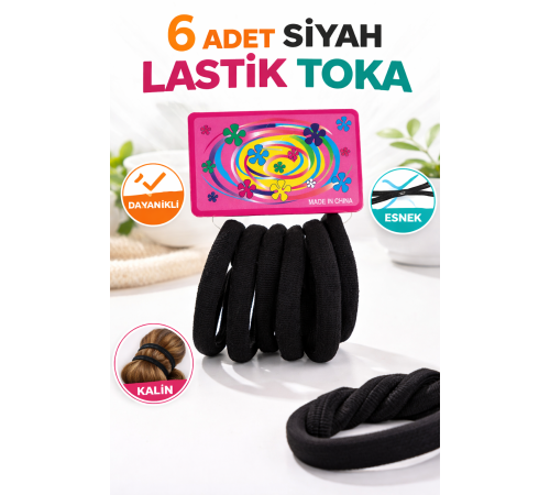 6 Adet Siyah Lastik Toka Kalın Saç Lastiği Dayanıklı Esnek Saç Toplama Tokası Kadın ve Kız Çocuk Saç Aksesuarı