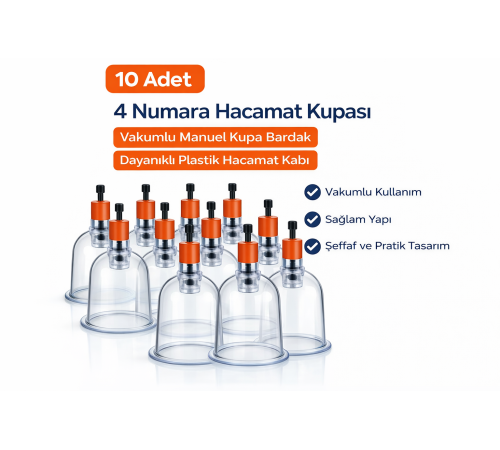 4 Numara Hacamat Kupası 10 Adet Vakumlu Manuel Kupa Bardak Dayanıklı Plastik Hacamat Kabı
