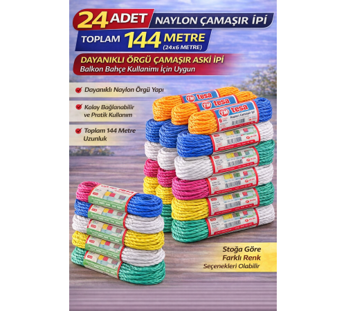 24 Adet Naylon Çamaşır İpi 6 Metre Dayanıklı Örgü Çamaşır Askı İpi Toplam 144 Metre