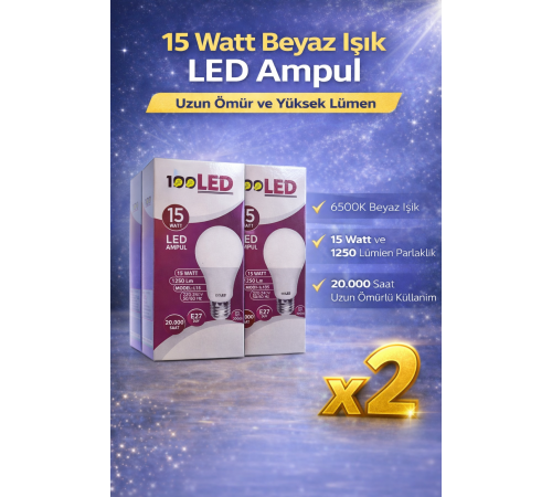 LED Ampul 15 Watt Beyaz Işık 6500K Yüksek Lümen E27 Duy Uzun Ömürlü 2 Adet