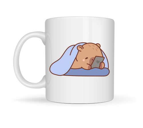 Uyuyan Kapibara Tasarımlı Porselen Kupa MODEL 104 – Telefonlu Sevimli Desen , Kahve & Çay Kupası , Hediye Fikri