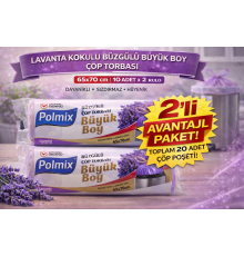Polmix Lavanta Kokulu Büzgülü Çöp Torbası Büyük Boy 65x70 cm 10'lu 2 Paket Dayanıklı Sızdırmaz Çöp Poşeti