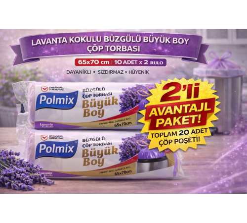 Polmix Lavanta Kokulu Büzgülü Çöp Torbası Büyük Boy 65x70 cm 10'lu 2 Paket Dayanıklı Sızdırmaz Çöp Poşeti
