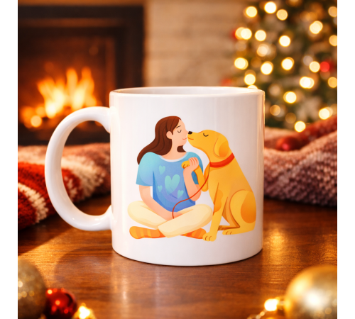 Kadın ve Köpek Figürlü Sevgi Temalı Porselen Kupa MODEL 78 – Hayvanseverlere Özel Anlamlı Tasarım Kahve Kupası