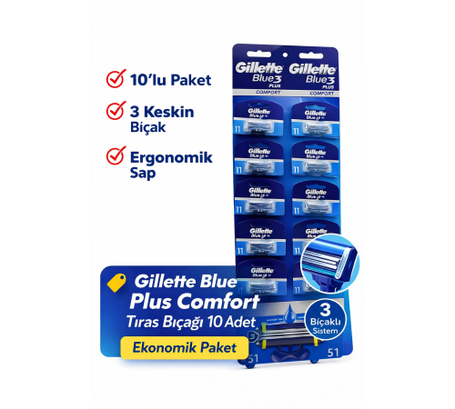 Jilet Blue 3 Plus Comfort Tıraş Bıçağı 10 Adet – 3 Bıçaklı Ergonomik Saplı Erkek Tıraş Bıçağı Seti