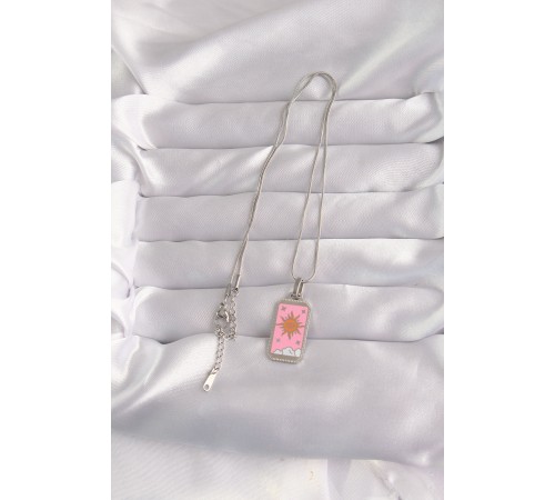 316L Çelik Gümüş Renk Pembe Mineli Güneş Model Tarot Kolye