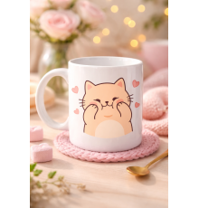 Sevimli Kedi Tasarımlı Porselen Kupa MODEL 193 – Kalpli Cute Cat Baskılı Kahve Kupası – Sevgiliye Hediye Sevimli Kupa