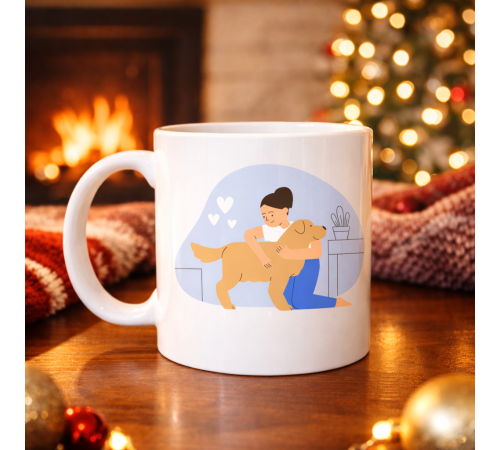 Kadın ve Köpek Figürlü Sevgi Temalı Porselen Kupa MODEL 79 – Hayvanseverlere Özel Anlamlı Tasarım Kahve Kupası