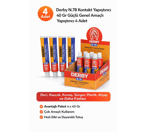 Derby N.78 Kontakt Yapıştırıcı 40 Gr Güçlü Genel Amaçlı Yapıştırıcı 4 Adet