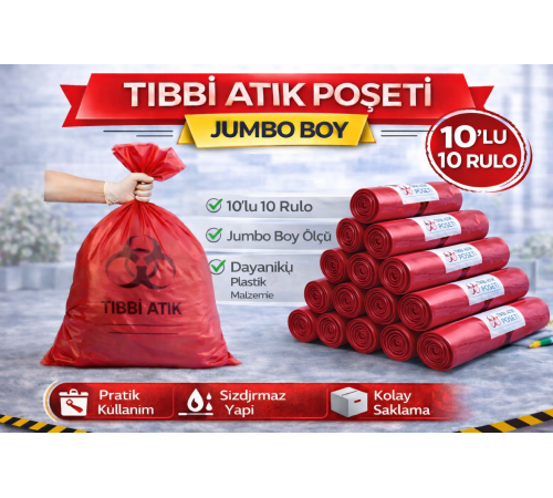 Tıbbi Atık Poşeti Jumbo Boy 10'lu 10 Rulo Kırmızı Tıbbi Atık Atık Poşeti Seti