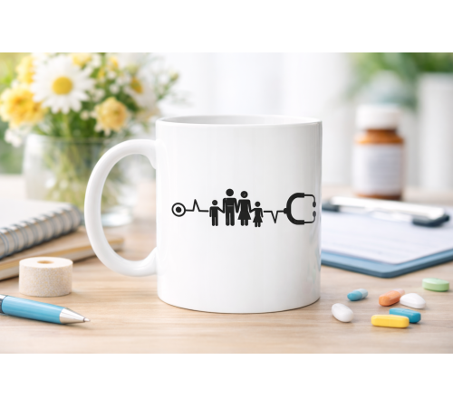 Aile ve Kalp Ritmi Tasarımlı Porselen Kupa MODEL 171 – Stetoskop Temalı Sağlık Çalışanı Kahve Kupası – Doktor ve Hemşire Hediyesi
