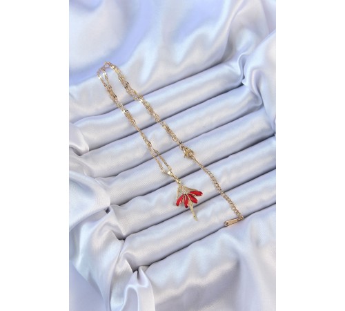 316L Çelik Zincir Altın Renk Kırmızı Etekli Zirkon Taşlı Balerin Kolye