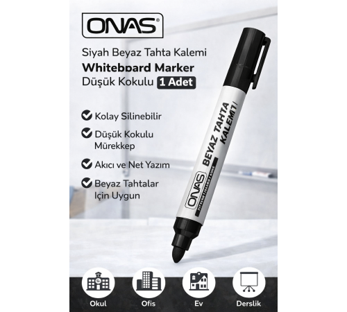 Onas Siyah Beyaz Tahta Kalemi Whiteboard Marker Düşük Kokulu 1 Adet