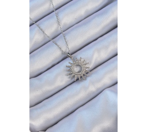316L Çelik Zincir Gümüş Renk Zirkon Taşlı Parlayan Güneş Kolye