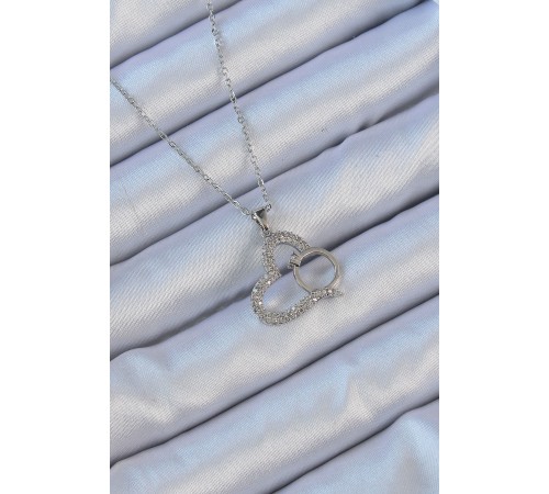 316L Çelik Zincir Gümüş Renk Zirkon Taşlı Yüzüklü Kalp Kolye