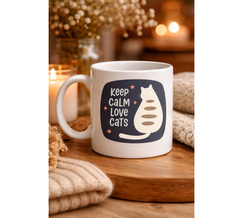 Keep Calm Love Cats Kedi Temalı Porselen Kupa MODEL 56 – Sevimli Tasarım , Kahve & Çay Kupası