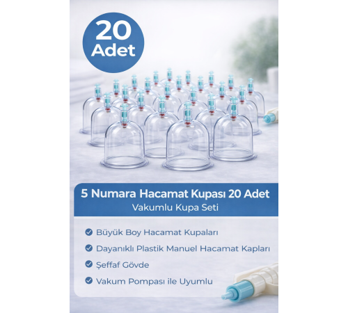 5 Numara Hacamat Kupası 20 Adet Vakumlu Kupa Seti – Manuel Pompa Uyumlu Şeffaf Plastik Büyük Boy Hacamat Kabı