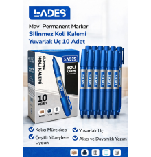Lades Mavi Permanent Marker Silinmez Koli Kalemi Yuvarlak Uç 10 Adet