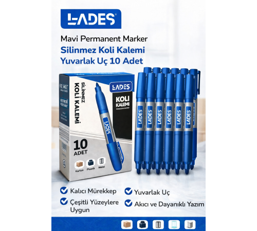Lades Mavi Permanent Marker Silinmez Koli Kalemi Yuvarlak Uç 10 Adet