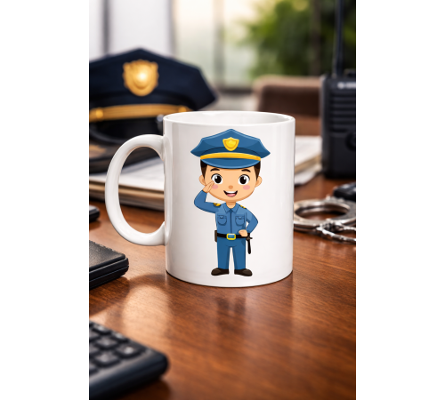 Polis Temalı Porselen Kupa MODEL 161 – Sevimli Polis Karakter Baskılı Kahve Kupası – Polis Meslek Hediyesi – Dayanıklı Porselen Kahve Bardak
