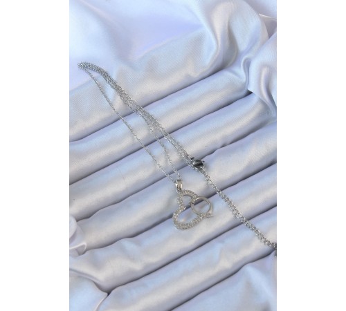 316L Çelik Zincir Gümüş Renk Zirkon Taşlı Yüzüklü Kalp Kolye