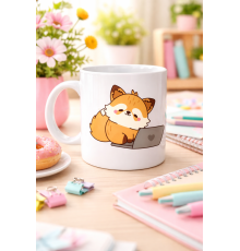 Sevimli Tilki Tasarımlı Porselen Kupa MODEL 115 – Laptoplu Tatlı Tilki Figürlü Ofis & Ev Kullanımı İçin Kahve Kupası