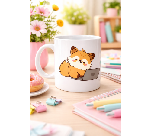 Sevimli Tilki Tasarımlı Porselen Kupa MODEL 115 – Laptoplu Tatlı Tilki Figürlü Ofis & Ev Kullanımı İçin Kahve Kupası