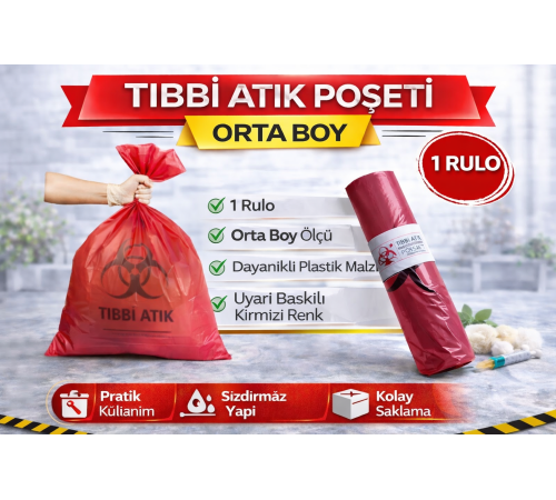 Tıbbi Atık Poşeti Orta Boy 10'lu 1 Rulo Kırmızı Tıbbi Atık Atık Poşeti