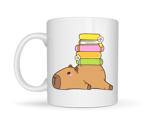 Sevimli Kapibara Kitaplı Kupa MODEL 101 – Kahve & Çay Kupası Kitap Severlere Özel Tatlı Tasarım Porselen Kupa
