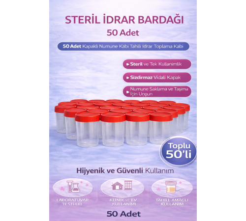 Steril İdrar Kabı Kapasiteli Numune Toplama Kabı 50 Adet