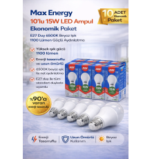 Max Energy 15W LED Ampul E27 Duy 6500K Beyaz Işık 1100 Lümen Tasarruflu Ampul 10 Adet