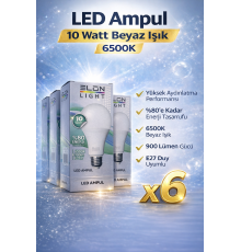 LED Ampul 10 Watt Beyaz Işık 6500K Yüksek Aydınlatma E27 Duy Enerji Tasarruflu 6 Adet