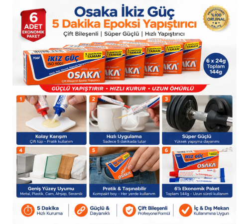 Osaka İkiz Güç 5 Dakika Epoksi Yapıştırıcı Çift Bileşenli Güçlü Hızlı Yapıştırıcı 6 Adet