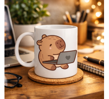 Sevimli Kapibara Laptop Tasarımlı Porselen Kupa MODEL 103 – Ofis & Ev İçin Sıcak Kahve Kupası Hediye Fikirleri