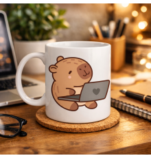 Sevimli Kapibara Laptop Tasarımlı Porselen Kupa MODEL 103 – Ofis & Ev İçin Sıcak Kahve Kupası Hediye Fikirleri