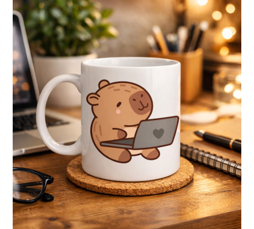 Sevimli Kapibara Laptop Tasarımlı Porselen Kupa MODEL 103 – Ofis & Ev İçin Sıcak Kahve Kupası Hediye Fikirleri
