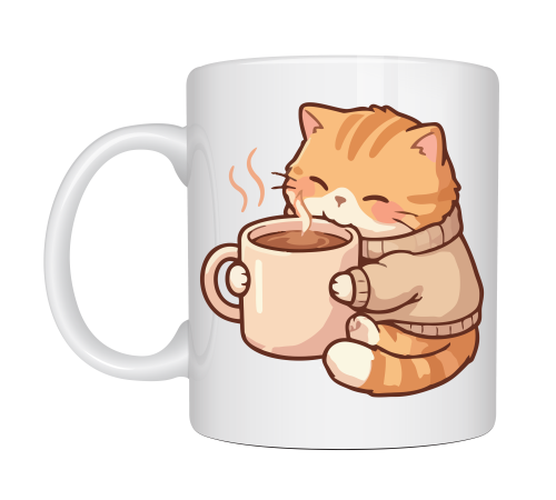 Sevimli Kedi Tasarımlı Porselen Kupa MODEL 188 – Kahve İçen Tatlı Kedi Figürlü Kahve Kupası – Kedi Severlere Hediye Kupa Bardak