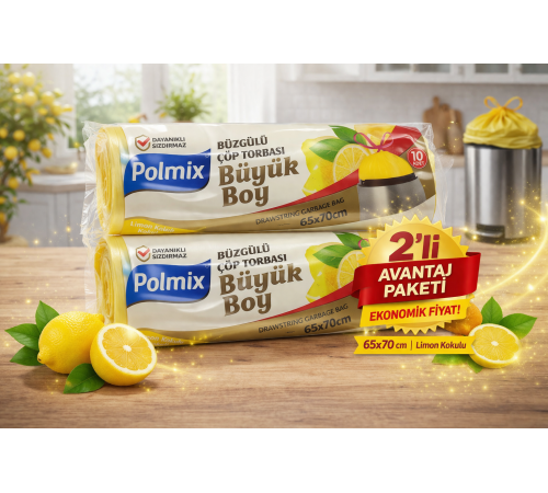 Polmix Limon Kokulu Büzgülü Büyük Boy Çöp Torbası 65x70 cm 10'lu 2 Paket Dayanıklı Sızdırmaz Çöp Poşeti