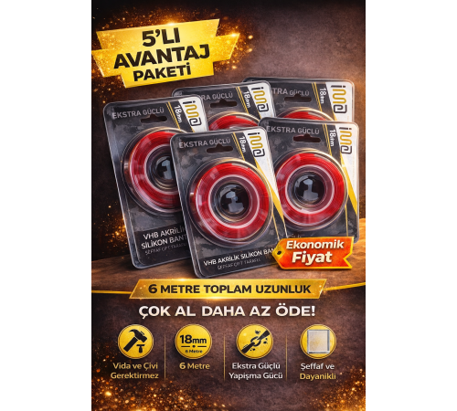 VHB Akrilik Silikon Bant 18mm x 2 Metre Şeffaf Çift Taraflı Güçlü Yapıştırıcı Bant 5 Adet