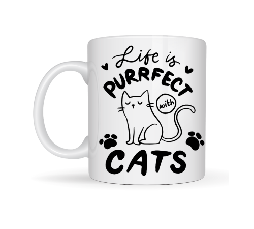 Life is Purrfect with Cats – Kedi Desenli Porselen Kupa MODEL 62 Sevimli Kedi Figürlü Kahve Kupası