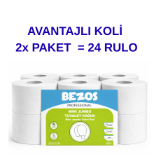 Professional Mini Jumbo Tuvalet Kağıdı 24 Rulo | 2 Katlı | %100 Selüloz | Endüstriyel & Ev Tipi Kullanım 2X12RULO