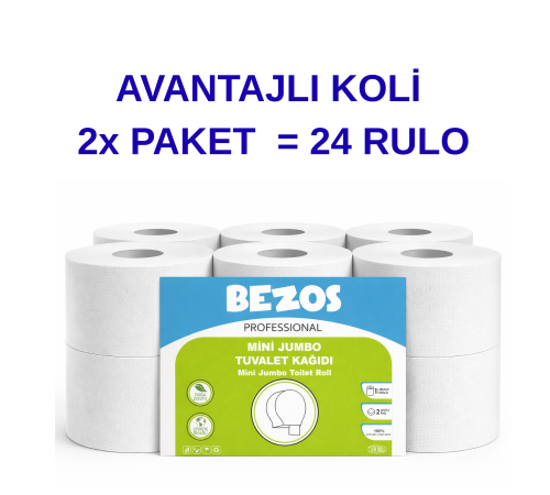 Professional Mini Jumbo Tuvalet Kağıdı 24 Rulo | 2 Katlı | %100 Selüloz | Endüstriyel & Ev Tipi Kullanım 2X12RULO