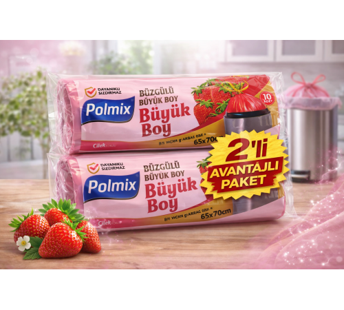 Polmix Çilek Kokulu Büzgülü Büyük Boy Çöp Torbası 65x70 cm 10'lu 2 Paket Dayanıklı Sızdırmaz Çöp Poşeti