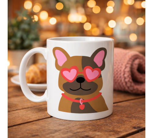 Sevimli French Bulldog Desenli Porselen Kupa Model 48 – Kalpli Gözlüklü Köpek Tasarımı, Hediye Kupa, Kahve & Çay Kupası