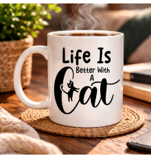 Kedi Severlere Özel “Life Is Better With A Cat” Kupa MODEL 181 – Sevimli Kedi Tasarımlı Porselen Kahve Kupası – Hediyelik Kupa