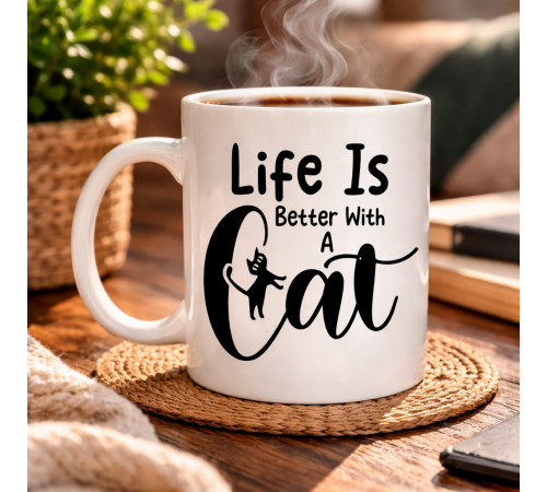 Kedi Severlere Özel “Life Is Better With A Cat” Kupa MODEL 181 – Sevimli Kedi Tasarımlı Porselen Kahve Kupası – Hediyelik Kupa